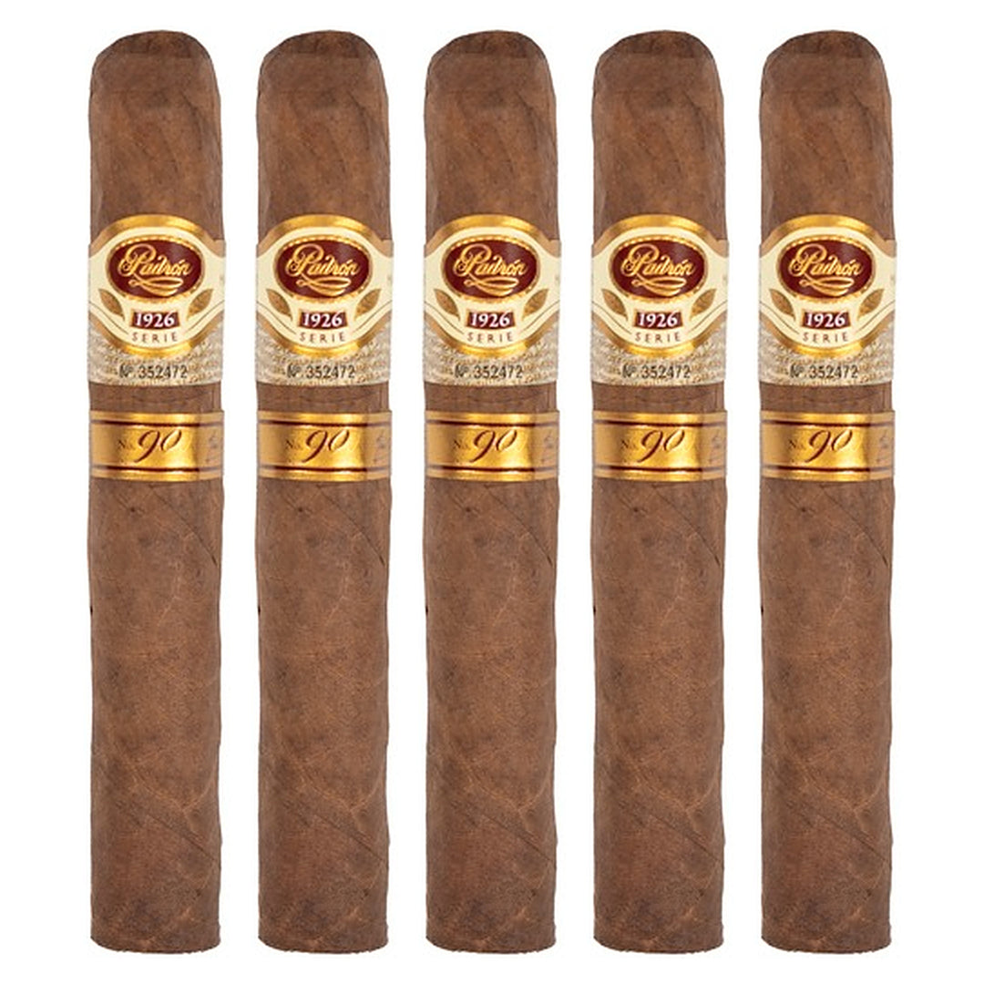 Five Padron 1926 Series No. 90 Tubos Natural cigars, 5.5 × 52, lined up side by side