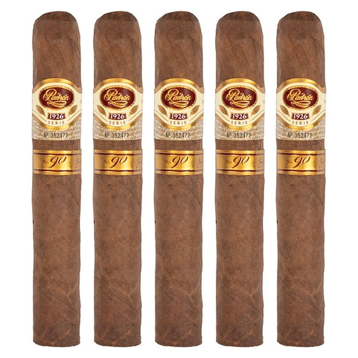 Five Padron 1926 Series No. 90 Tubos Natural cigars, 5.5 × 52, lined up side by side