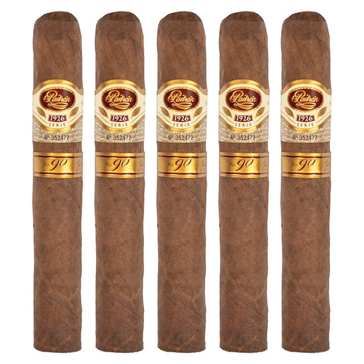 Five Padron 1926 Series No. 90 Tubos Natural cigars, 5.5 × 52, lined up side by side