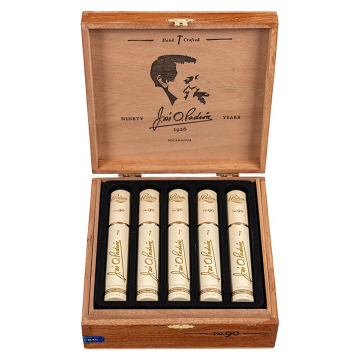 Open box of 10 Padron 1926 Series No. 90 Tubos Natural cigars