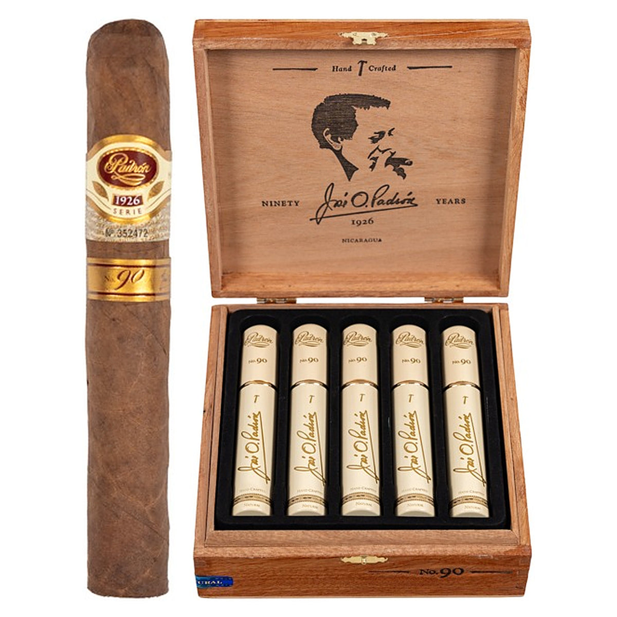 Padron 1926 Series No. 90 Tubos Natural cigar, 5.5 × 52, with Nicaraguan natural wrapper, beside its open box of 10