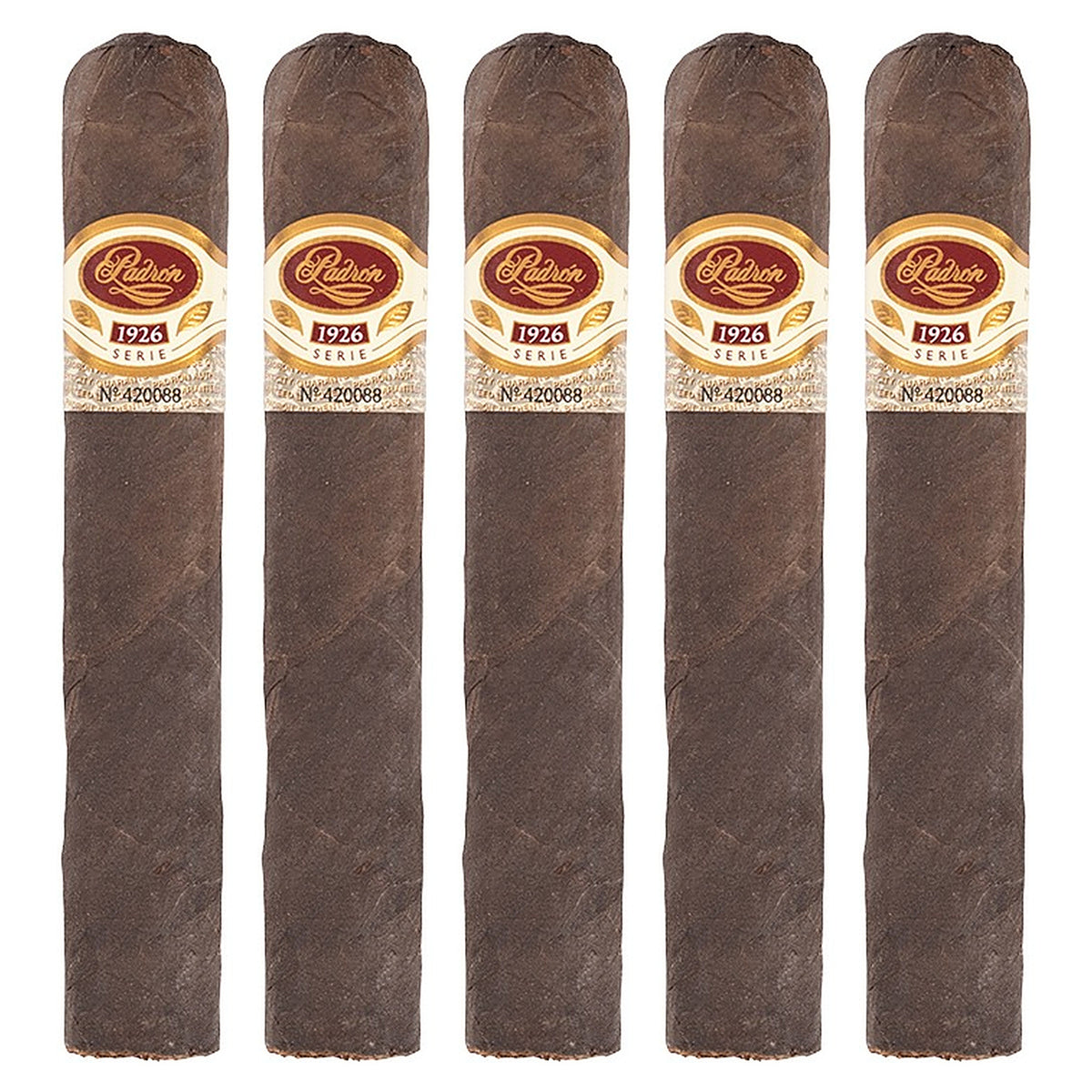 Five Padron 1926 Series No. 9 Maduro cigars, 5.25 × 56, lined up side by side