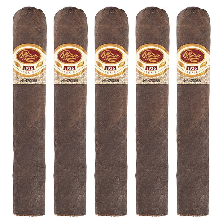 Five Padron 1926 Series No. 9 Maduro cigars, 5.25 × 56, lined up side by side