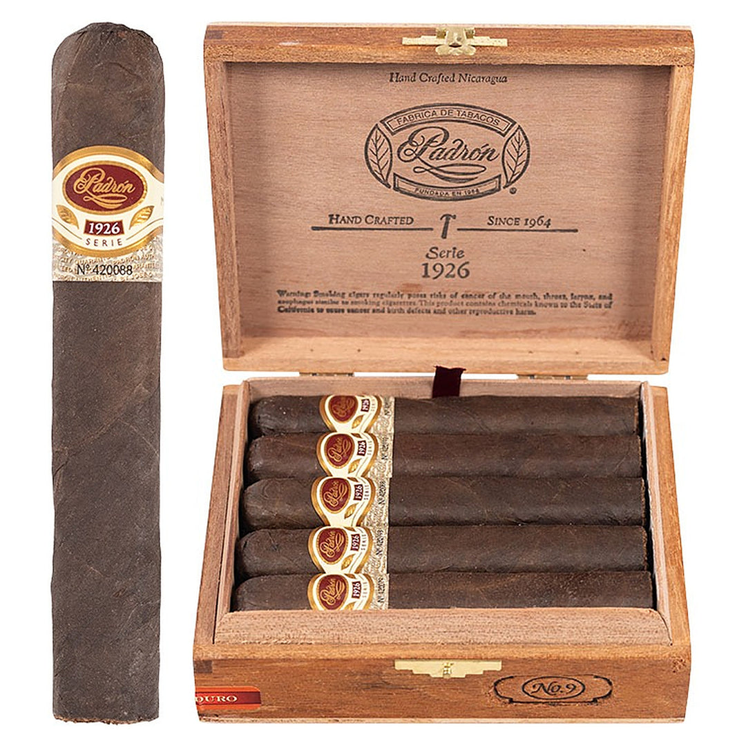 Padron 1926 Series No. 9 Maduro cigar, 5.25 × 56, with Nicaraguan maduro wrapper, beside its open box of 24