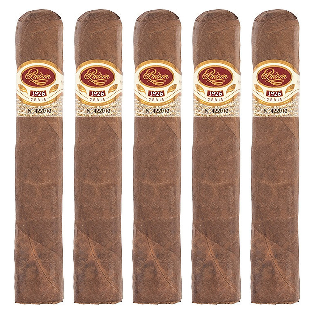 Five Padron 1926 Series No. 9 Natural cigars, 5.25 × 56, lined up side by side
