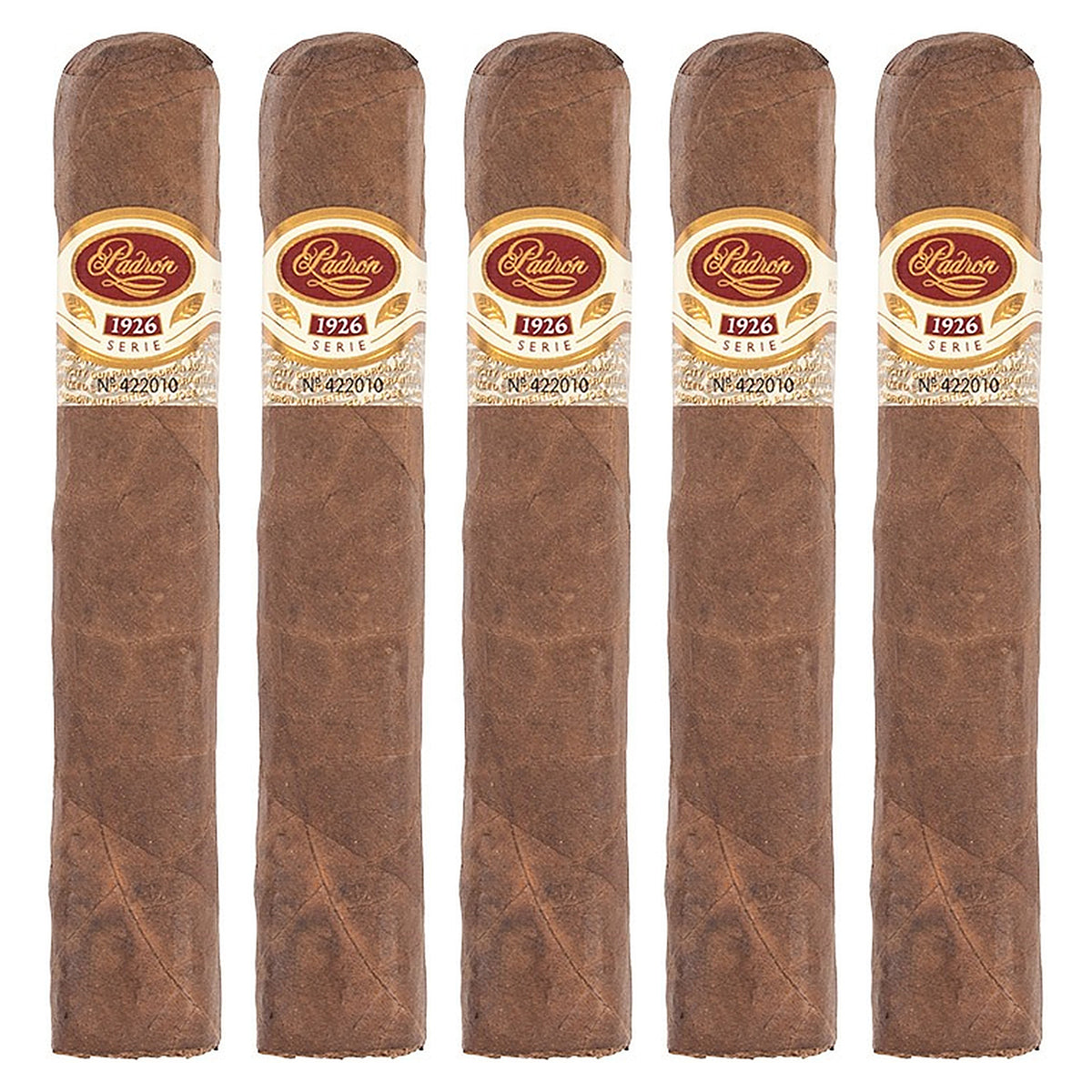 Five Padron 1926 Series No. 9 Natural cigars, 5.25 × 56, lined up side by side
