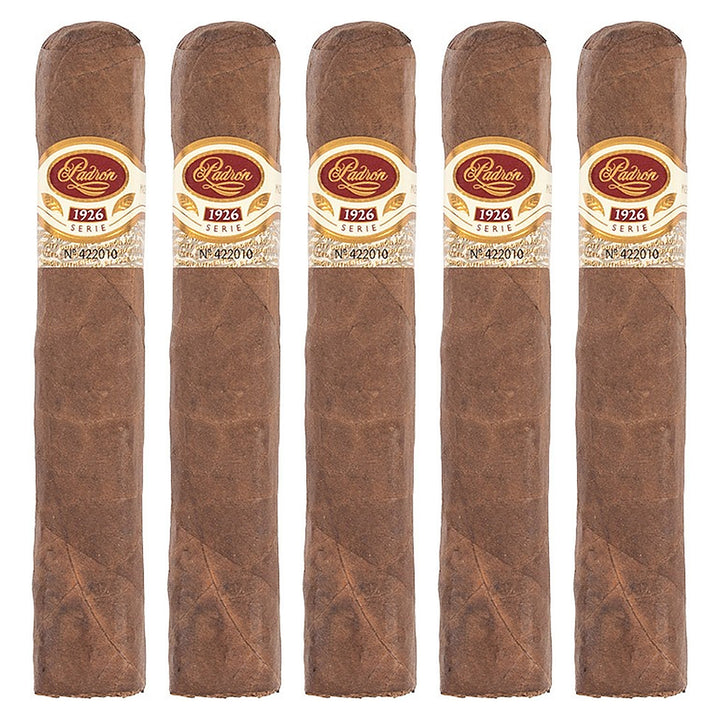 Five Padron 1926 Series No. 9 Natural cigars, 5.25 × 56, lined up side by side