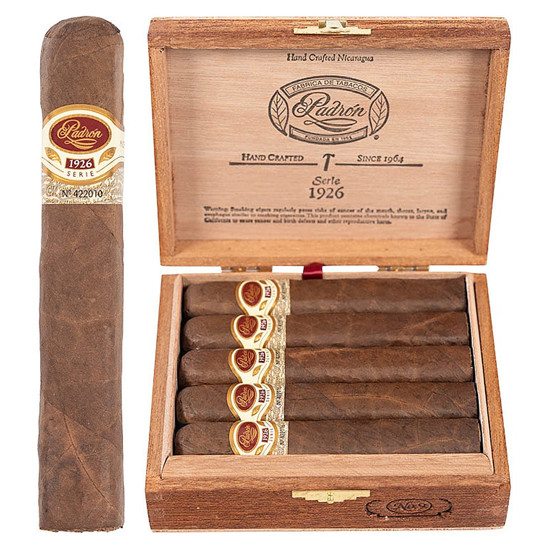 Padron 1926 Series No. 9 Natural cigar, 5.25 × 56, with Nicaraguan natural wrapper, beside its open box of 24