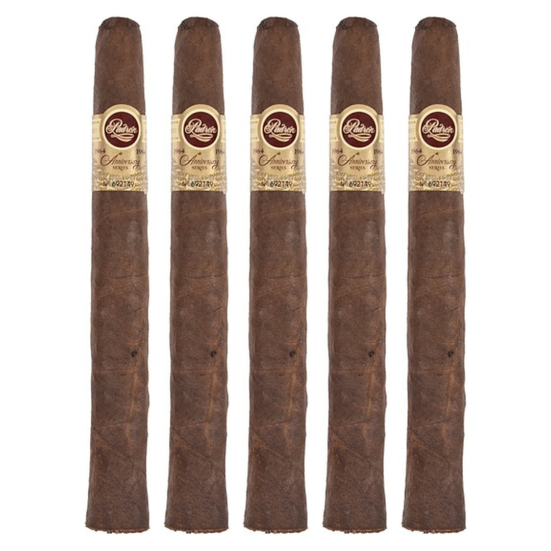 Five Padron 1964 Anniversary Series Piramides Maduro cigars, 6.88 × 52, lined up side by side