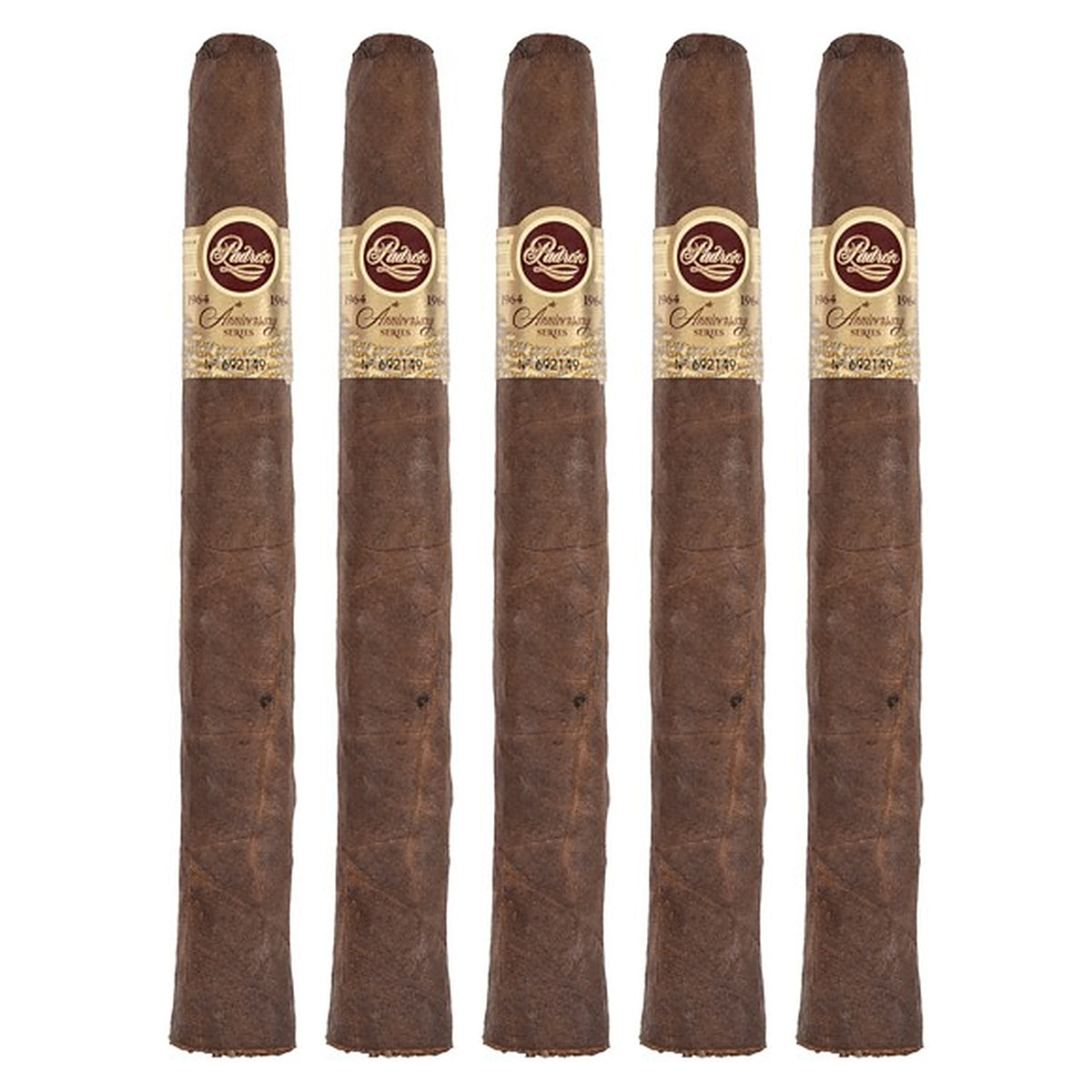 Five Padron 1964 Anniversary Series Piramides Maduro cigars, 6.88 × 52, lined up side by side