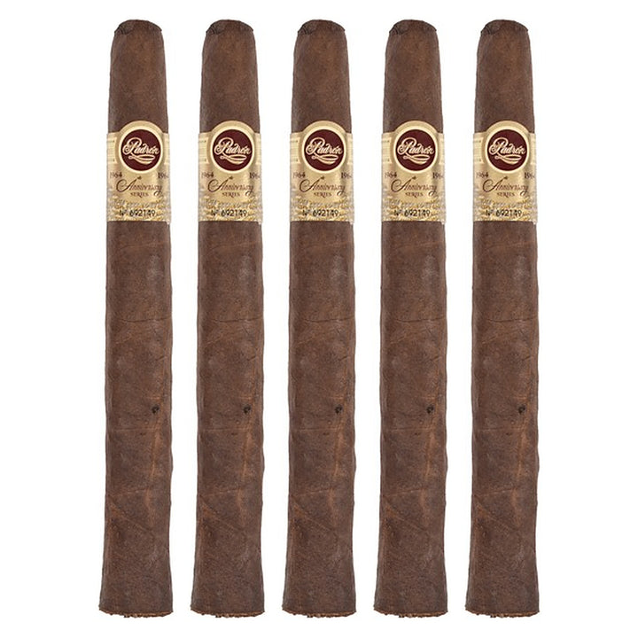 Five Padron 1964 Anniversary Series Piramides Maduro cigars, 6.88 × 52, lined up side by side