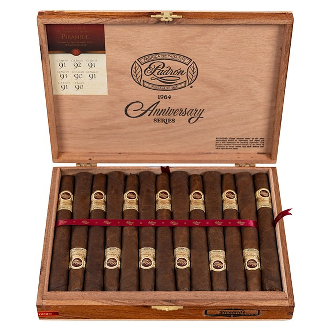 Open box of 25 Padron 1964 Anniversary Series Piramides Maduro cigars