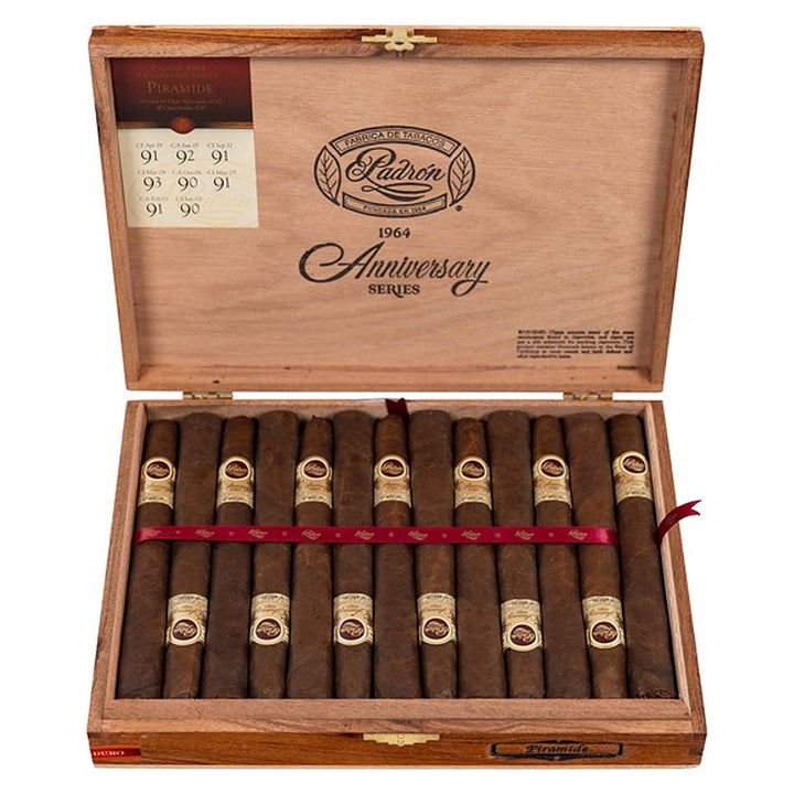 Open box of 25 Padron 1964 Anniversary Series Piramides Maduro cigars
