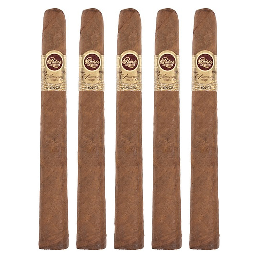 Five Padron 1964 Anniversary Series Piramides Natural cigars, 6.88 × 52, lined up side by side