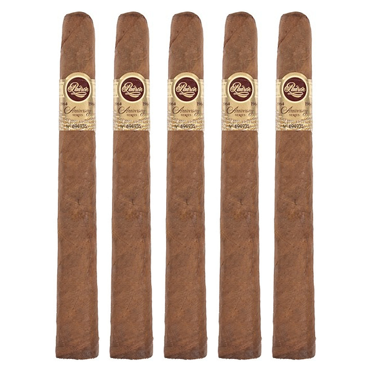 Five Padron 1964 Anniversary Series Piramides Natural cigars, 6.88 × 52, lined up side by side