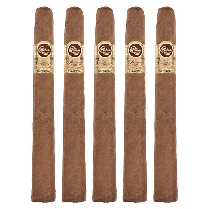 Five Padron 1964 Anniversary Series Piramides Natural cigars, 6.88 × 52, lined up side by side