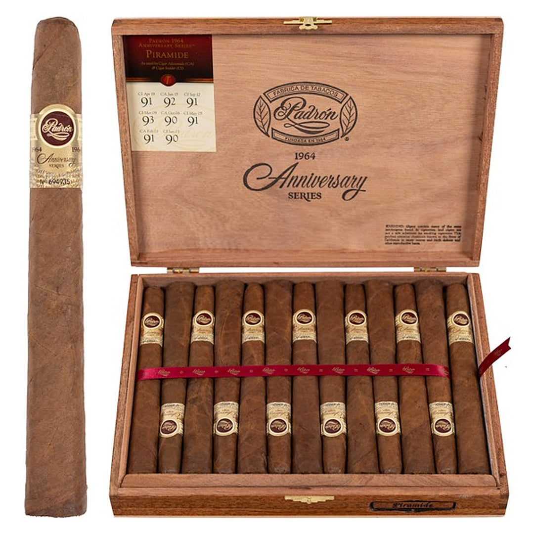 Padron 1964 Anniversary Series Piramides Natural cigar, 6.88 × 52, with Nicaraguan natural wrapper, beside its open box of 25