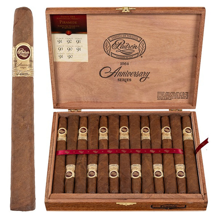 Padron 1964 Anniversary Series Piramides Natural cigar, 6.88 × 52, with Nicaraguan natural wrapper, beside its open box of 25