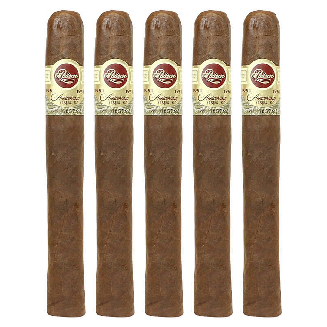 Five Padron 1964 Anniversary Series Presidente Tubos Maduro cigars, 6 × 50, lined up side by side