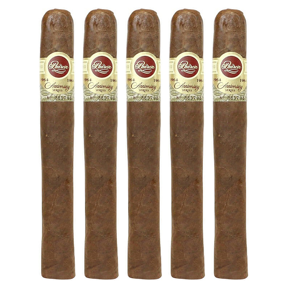 Five Padron 1964 Anniversary Series Presidente Tubos Maduro cigars, 6 × 50, lined up side by side