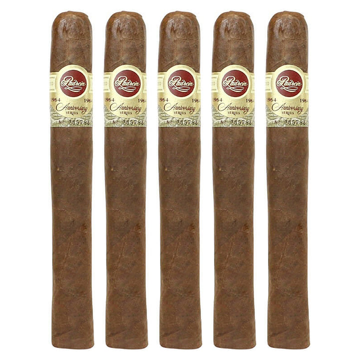 Five Padron 1964 Anniversary Series Presidente Tubos Maduro cigars, 6 × 50, lined up side by side