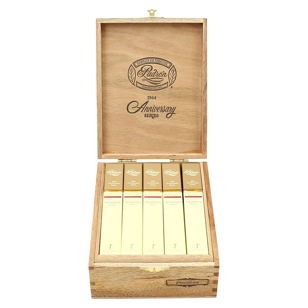 Open box of 15 Padron 1964 Anniversary Series Presidente Tubos Maduro cigars