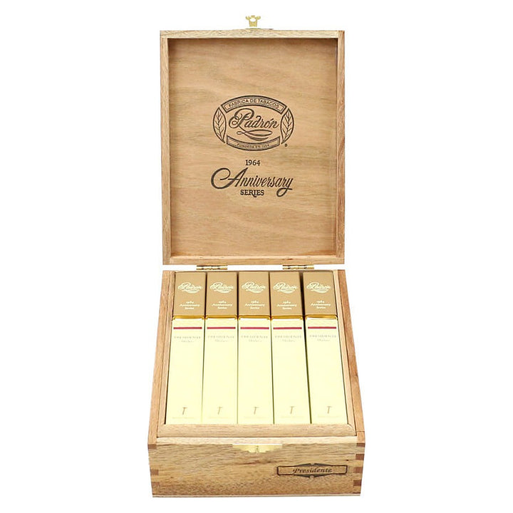 Open box of 15 Padron 1964 Anniversary Series Presidente Tubos Maduro cigars
