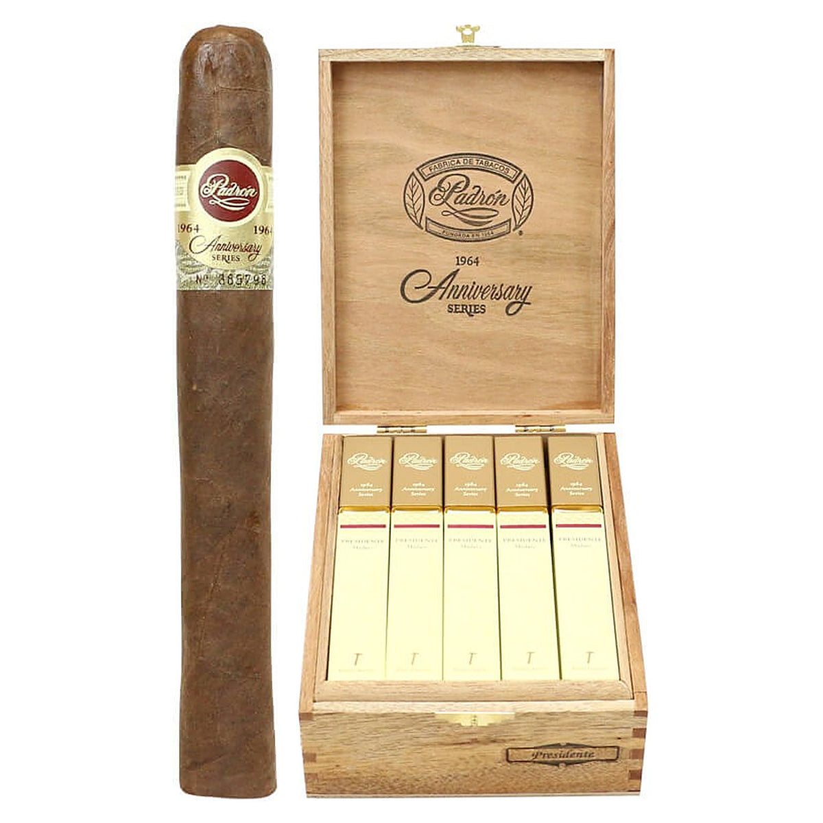 Padron 1964 Anniversary Series Presidente Tubos Maduro cigar, 6 × 50, with Nicaraguan maduro wrapper, beside its open box of 15