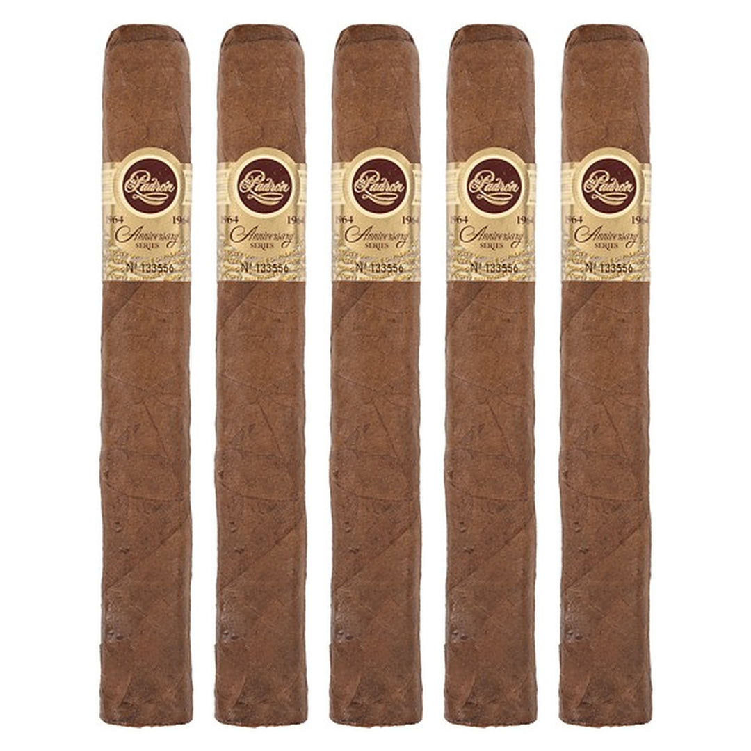 Five Padron 1964 Anniversary Series Presidente Tubos Natural cigars, 6 × 50, lined up side by side