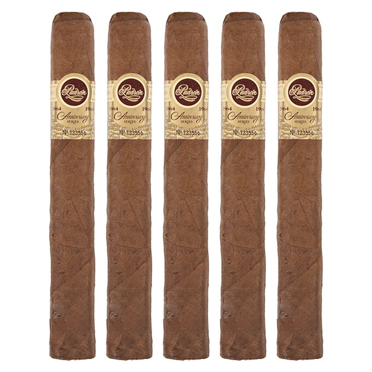 Five Padron 1964 Anniversary Series Presidente Tubos Natural cigars, 6 × 50, lined up side by side