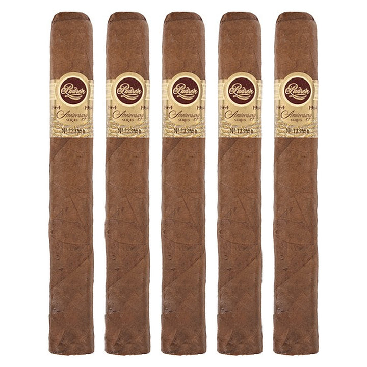 Five Padron 1964 Anniversary Series Presidente Tubos Natural cigars, 6 × 50, lined up side by side