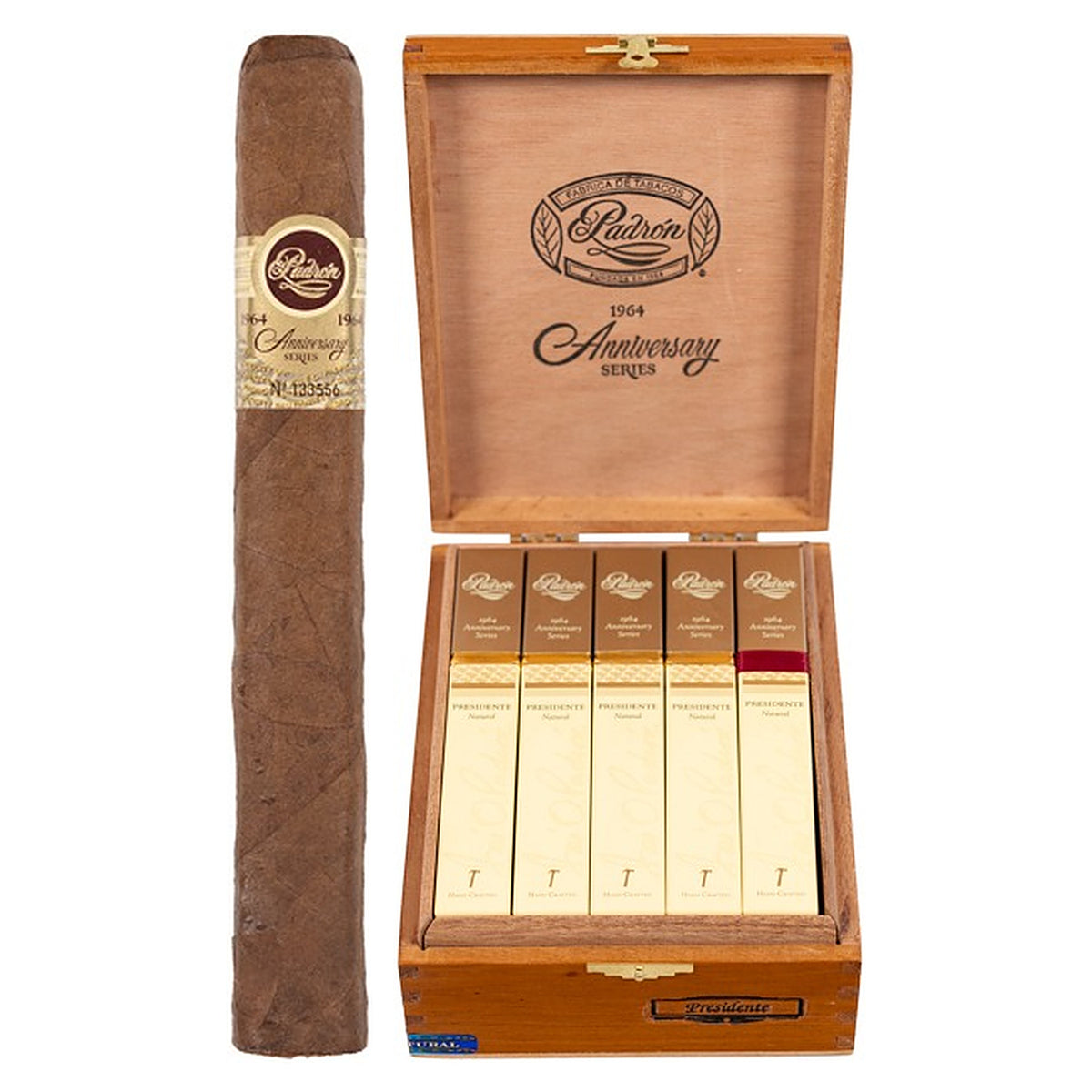 Padron 1964 Anniversary Series Presidente Tubos Natural cigar, 6 × 50, with Nicaraguan natural wrapper, beside its open box of 15