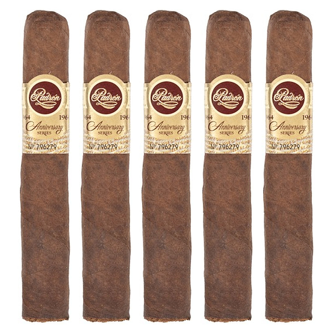 Five Padron 1964 Anniversary Series Principe Maduro cigars, 4.5 × 46, lined up side by side