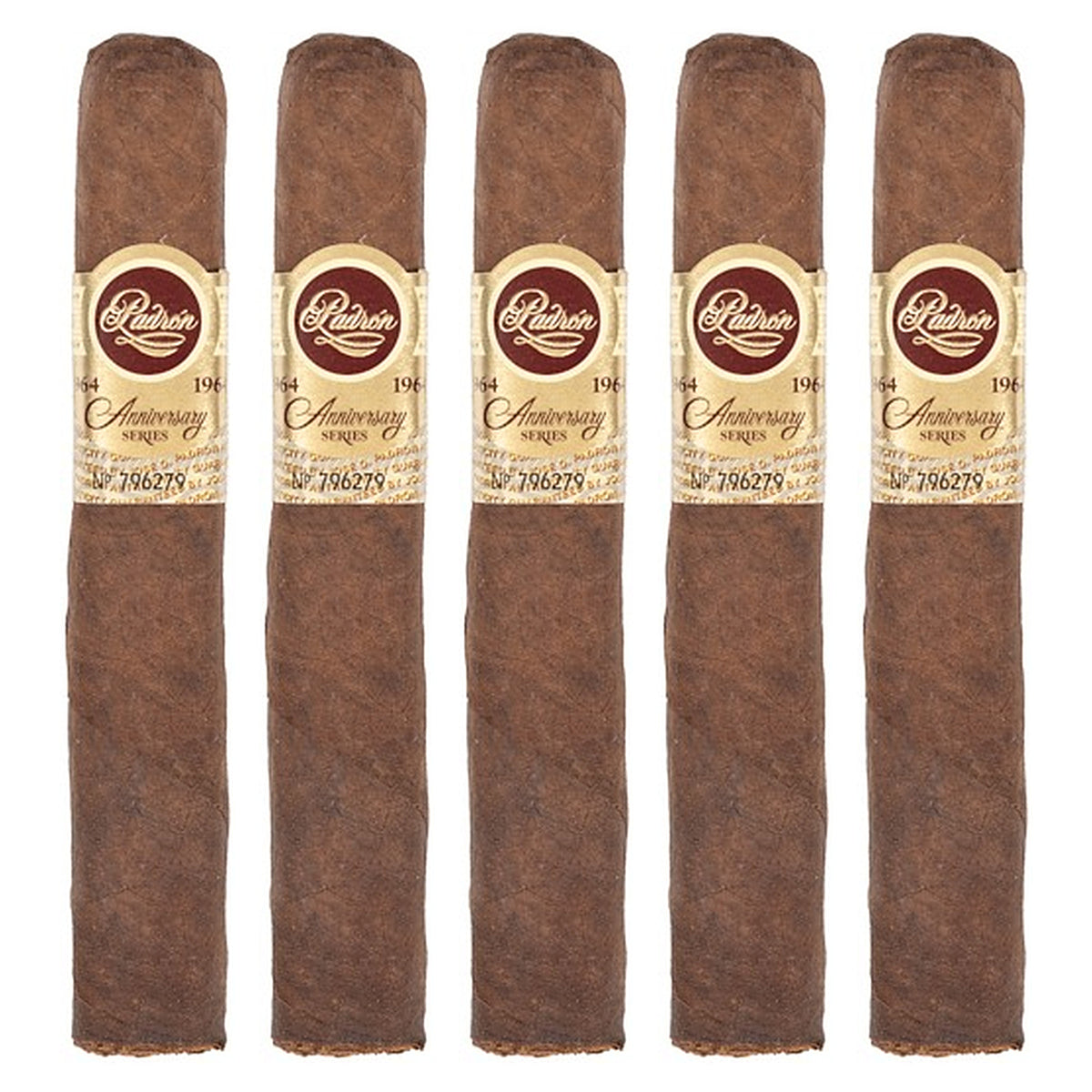 Five Padron 1964 Anniversary Series Principe Maduro cigars, 4.5 × 46, lined up side by side
