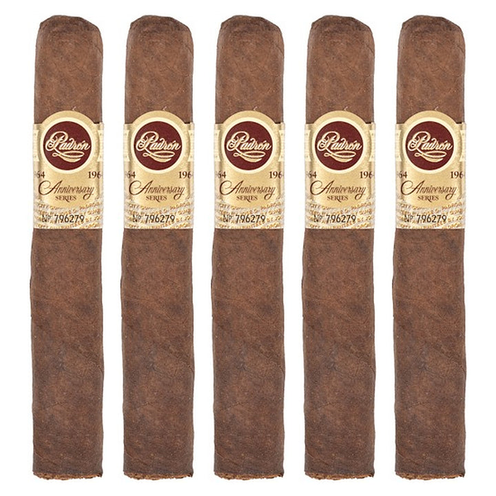 Five Padron 1964 Anniversary Series Principe Maduro cigars, 4.5 × 46, lined up side by side