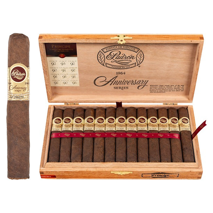Padron 1964 Anniversary Series Principe Maduro cigar, 4.5 × 46, with Nicaraguan maduro wrapper, beside its open box of 25
