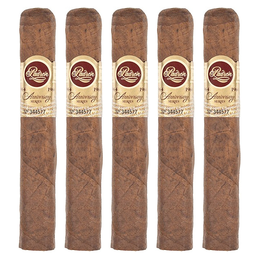 Five Padron 1964 Anniversary Series Principe Natural cigars, 4.5 × 46, lined up side by side