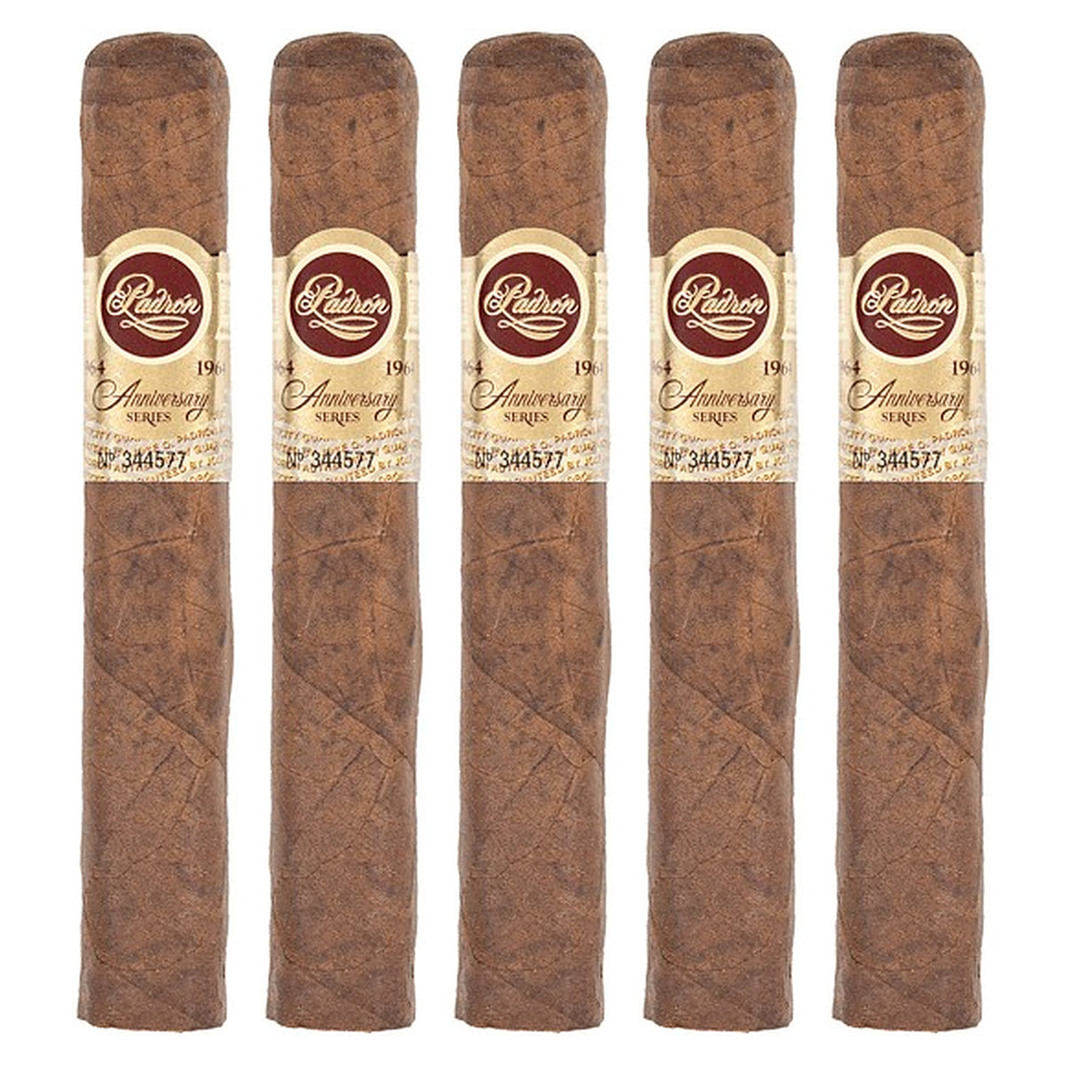 Five Padron 1964 Anniversary Series Principe Natural cigars, 4.5 × 46, lined up side by side