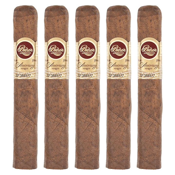 Five Padron 1964 Anniversary Series Principe Natural cigars, 4.5 × 46, lined up side by side