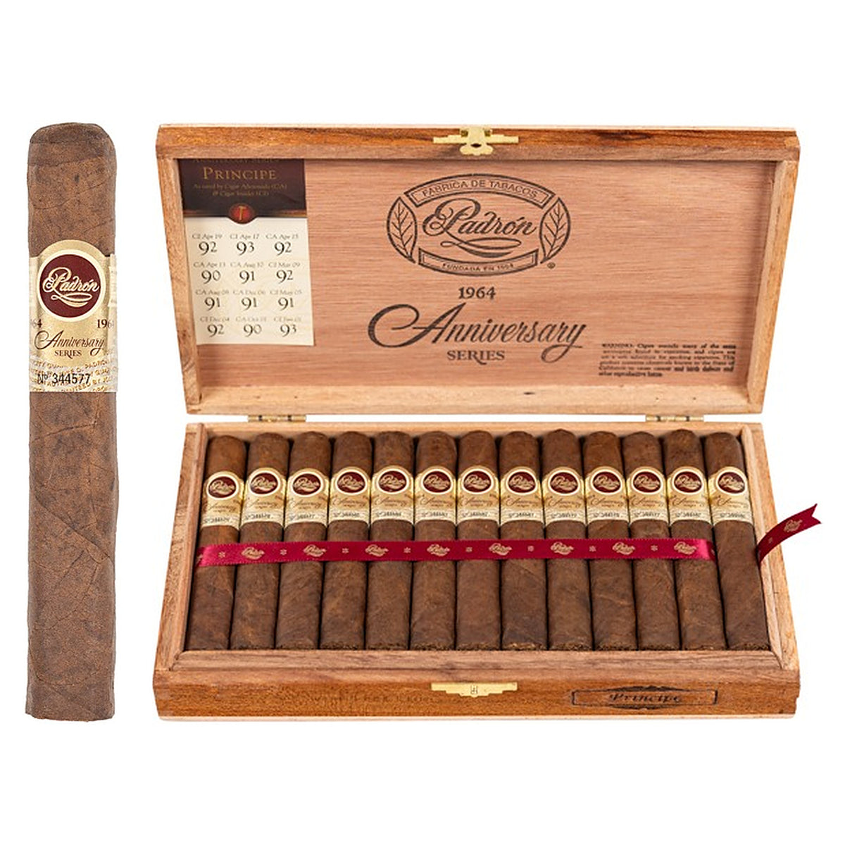 Padron 1964 Anniversary Series Principe Natural cigar, 4.5 × 46, with Nicaraguan natural wrapper, beside its open box of 25