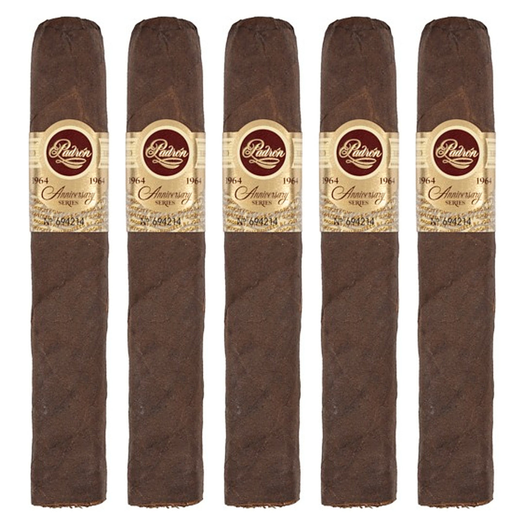 Five Padron 1964 Anniversary Series Soberano Tubos Maduro cigars, 5 × 52, lined up side by side