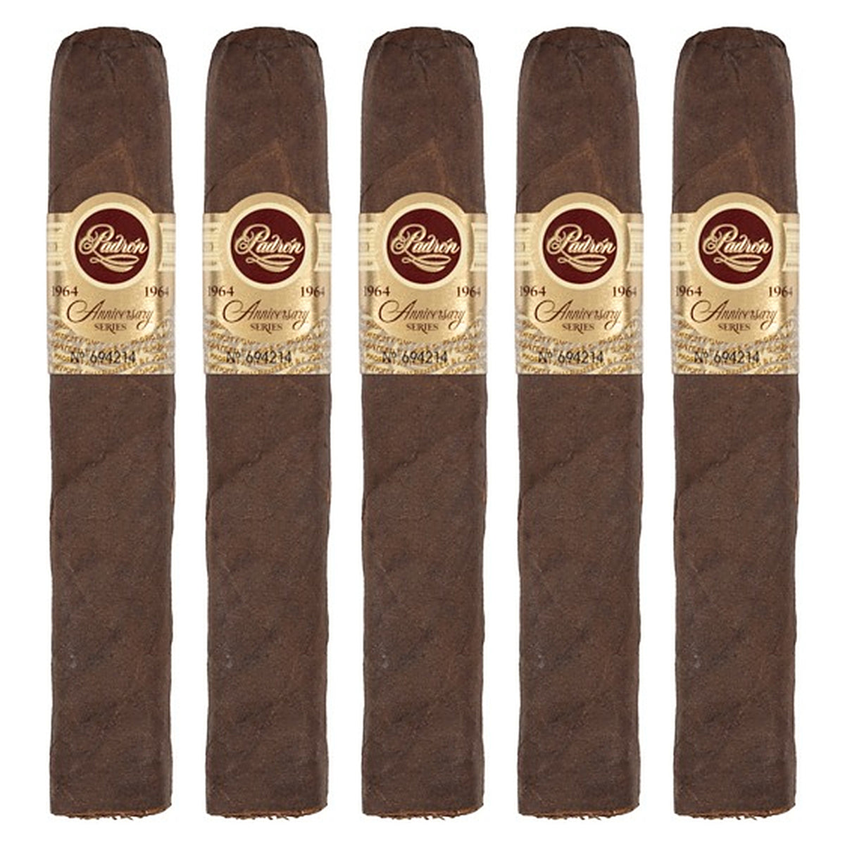 Five Padron 1964 Anniversary Series Soberano Tubos Maduro cigars, 5 × 52, lined up side by side