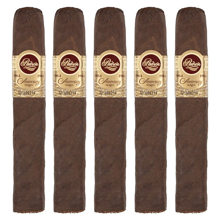 Five Padron 1964 Anniversary Series Soberano Tubos Maduro cigars, 5 × 52, lined up side by side