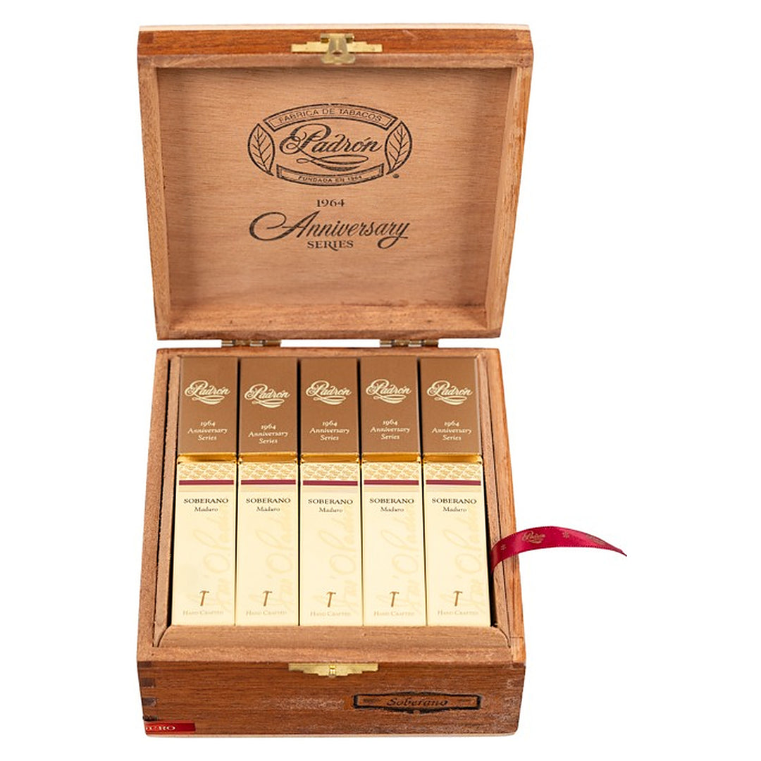 Open box of 15 Padron 1964 Anniversary Series Soberano Tubos Maduro cigars