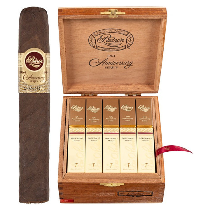 Padron 1964 Anniversary Series Soberano Tubos Maduro cigar, 5 × 52, with Nicaraguan maduro wrapper, beside its open box of 15