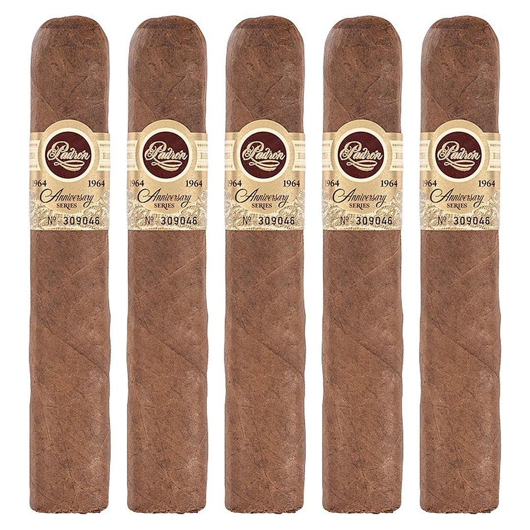 Five Padron 1964 Anniversary Series Soberano Tubos Natural cigars, 5 × 52, lined up side by side