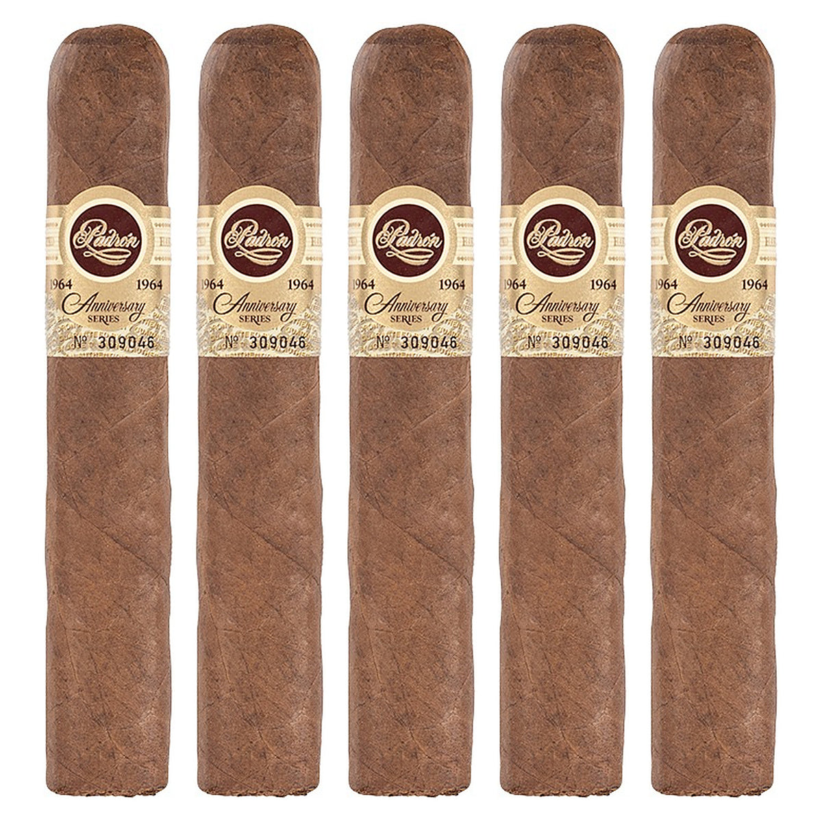Five Padron 1964 Anniversary Series Soberano Tubos Natural cigars, 5 × 52, lined up side by side