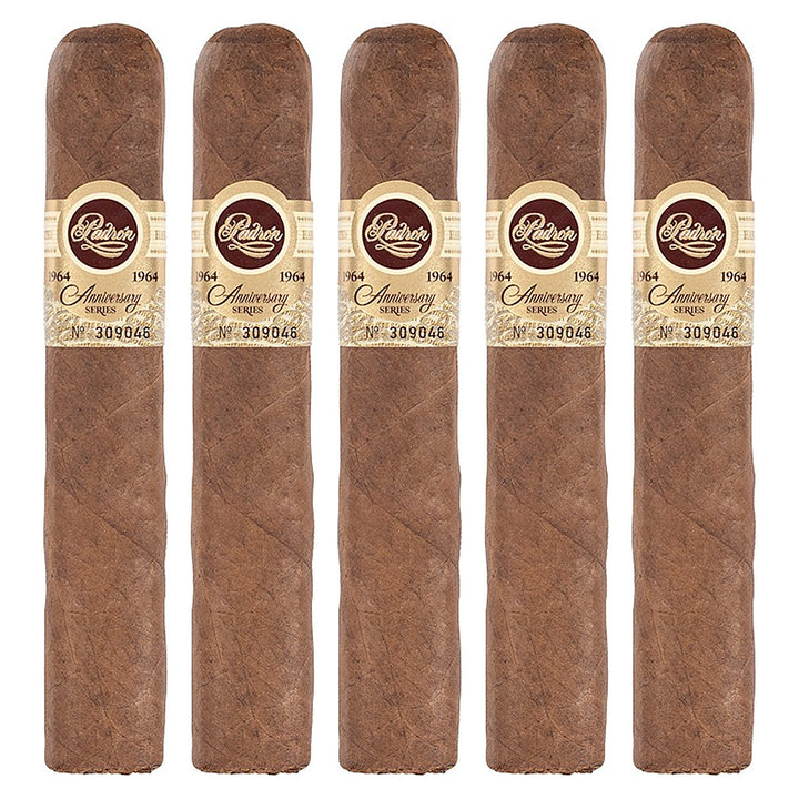 Five Padron 1964 Anniversary Series Soberano Tubos Natural cigars, 5 × 52, lined up side by side