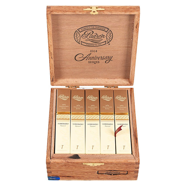 Open box of 15 Padron 1964 Anniversary Series Soberano Tubos Natural cigars