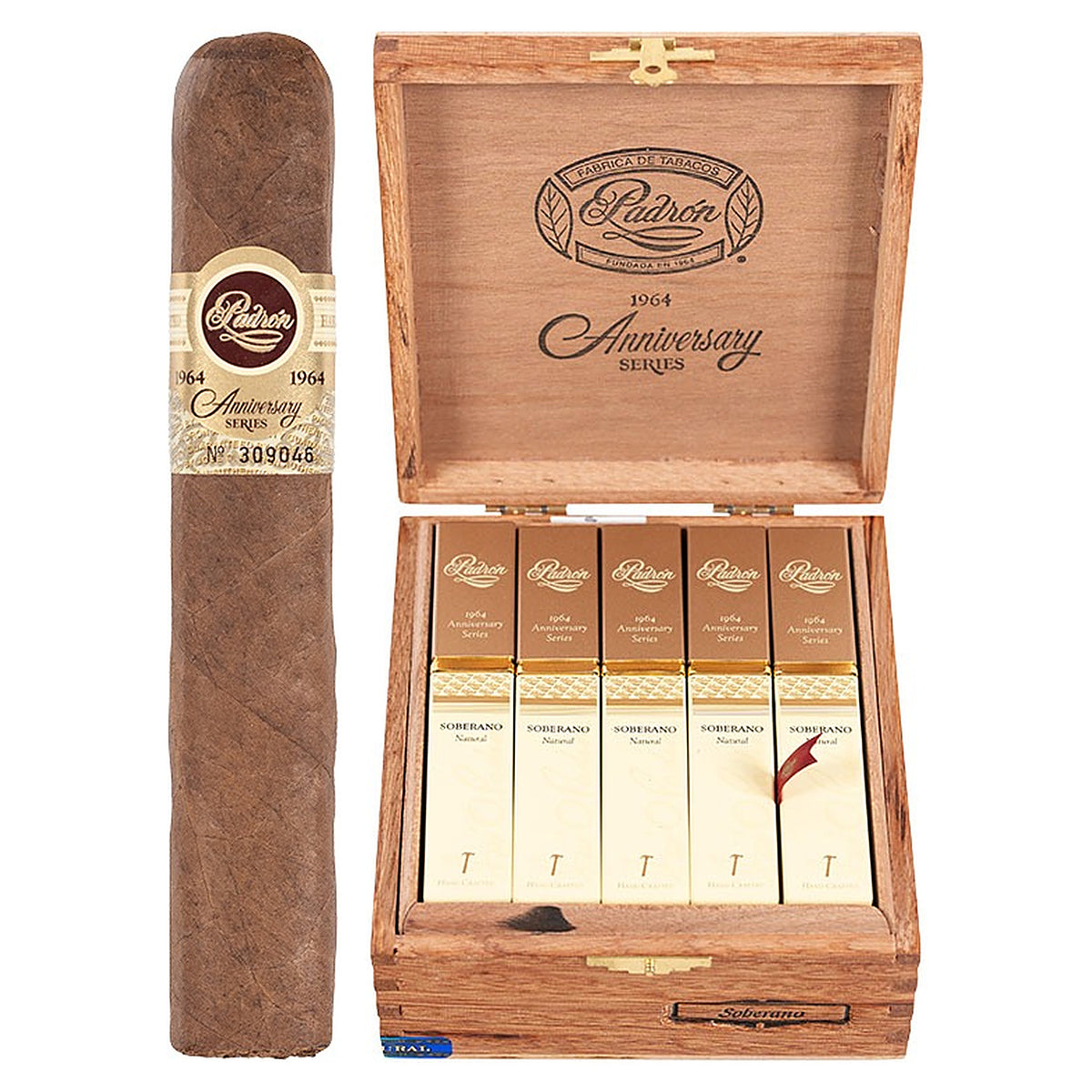 Padron 1964 Anniversary Series Soberano Tubos Natural cigar, 5 × 52, with Nicaraguan natural wrapper, beside its open box of 15